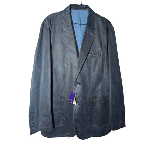 NWT Alan Flusser Mens Coated Denim Blazer Jacket Long Sleeve Collared Large - Picture 1 of 12